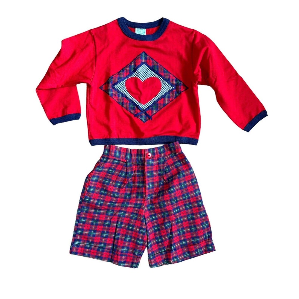 Vintage Girls Outfit Top Shorts Hearts & Plaid size 7